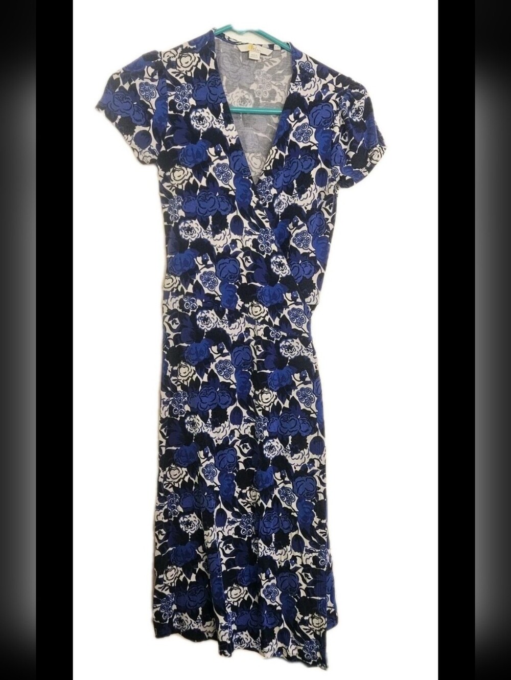 Boden Blue Floral Jersey Wrap Dress US 4R UK 8R Short Sleeve V-Neck Knee Length - Picture 2 of 5
